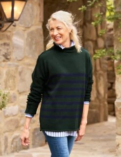 MONTEREY Green With Navy Stripe, Pure Italian Cotton -Elegant Wear Hub 16 EILEEN BGWS SWEATER01 GNSK DERRY 1999 Kristine Szabo 24FA 1460 sRGB