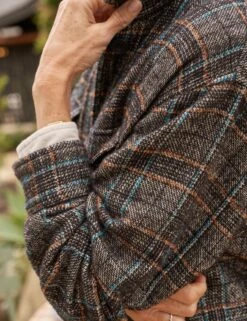 GAVIN Black And Blue Plaid, Italian Bouclé Wool -Elegant Wear Hub 57 CORK RIND EILEEN WWHT GAVIN BRBW Model Kristine Szabo 23FA 7294 sRGB